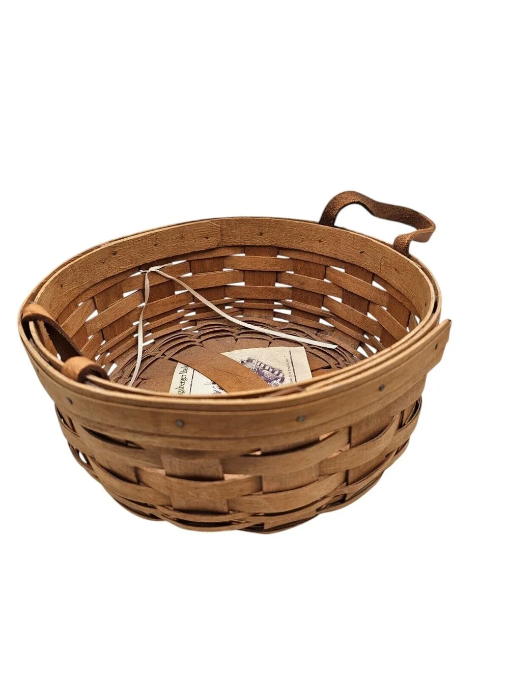 vintage Longaberger round darning basket with leather handles